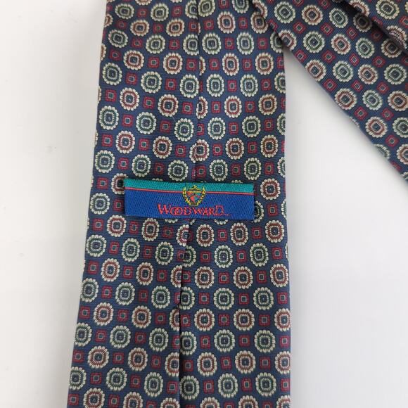 Woodward 100% Silk Tie‎ Blue Red Cream Pattern All - Picture 3 of 4